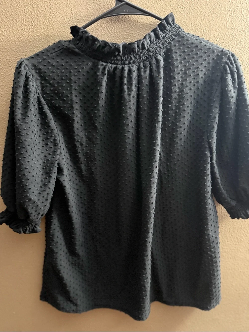 J. Crew Black Swiss Dot Ruffle Mock Neck Blouse